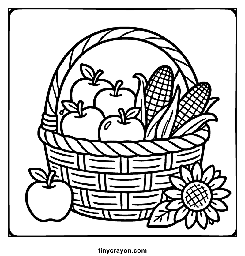Basket filled with apples, corn, and sunflower, surrounded by a sunflower, a fall coloring page