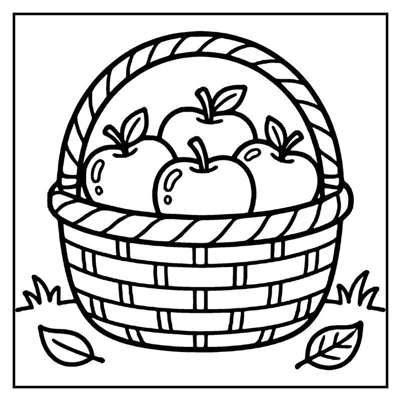 A basket filled with apples, surrounded by leaves, ready for coloring, a fall coloring page