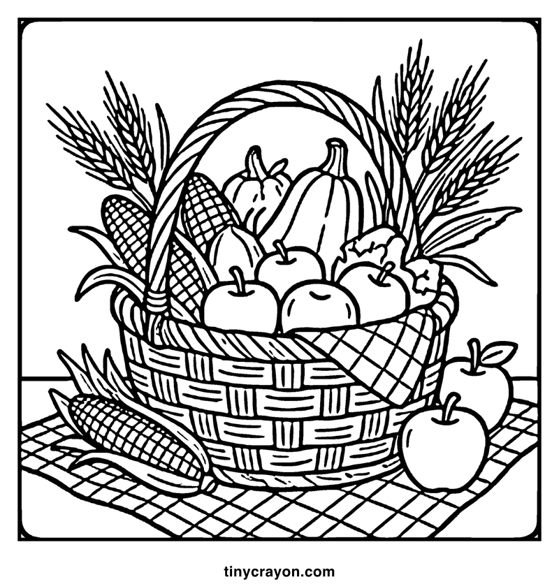 A basket filled with fruits and vegetables sits on a checkered cloth, surrounded by wheat stalks, a fall coloring page