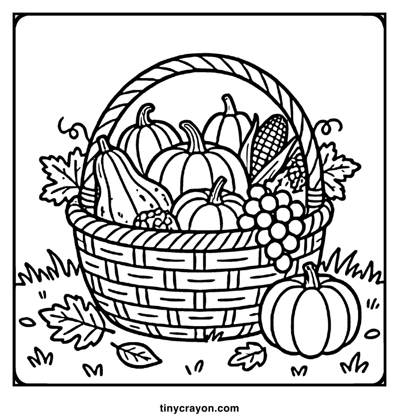 A basket filled with pumpkins, gourds, corn, and grapes sits on a grassy ground, surrounded by autumn leaves, a fall coloring page