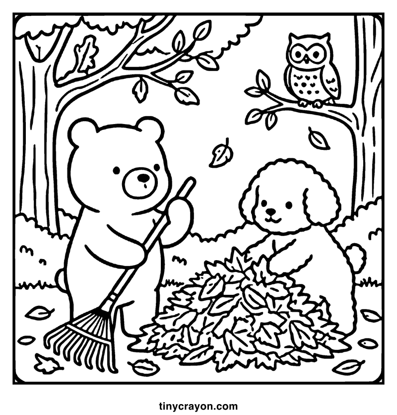 A bear holding a rake stands next to a fluffy dog, both surrounded by autumn leaves in a forest setting, a fall coloring page