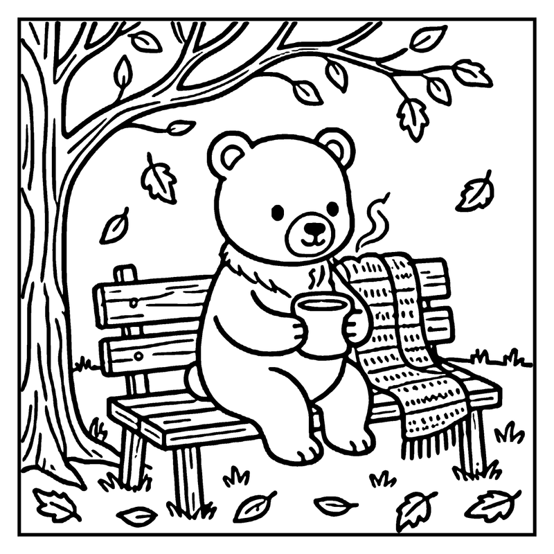 A bear sits on a wooden bench, holding a steaming cup, surrounded by autumn leaves and a tree, a fall coloring page