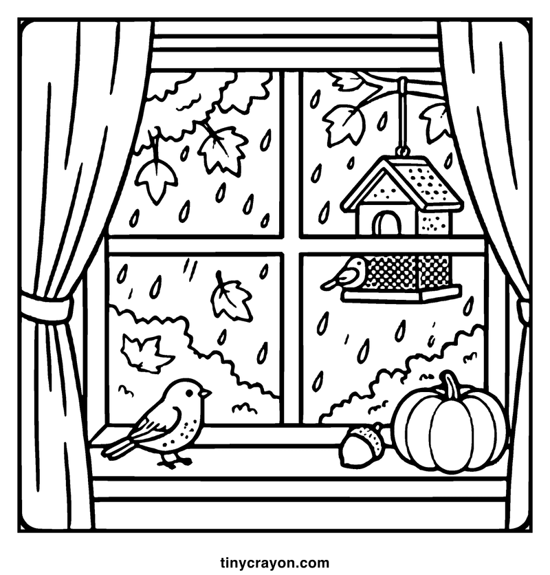 Birds and leaves on a window sill, autumn scene, a fall coloring page