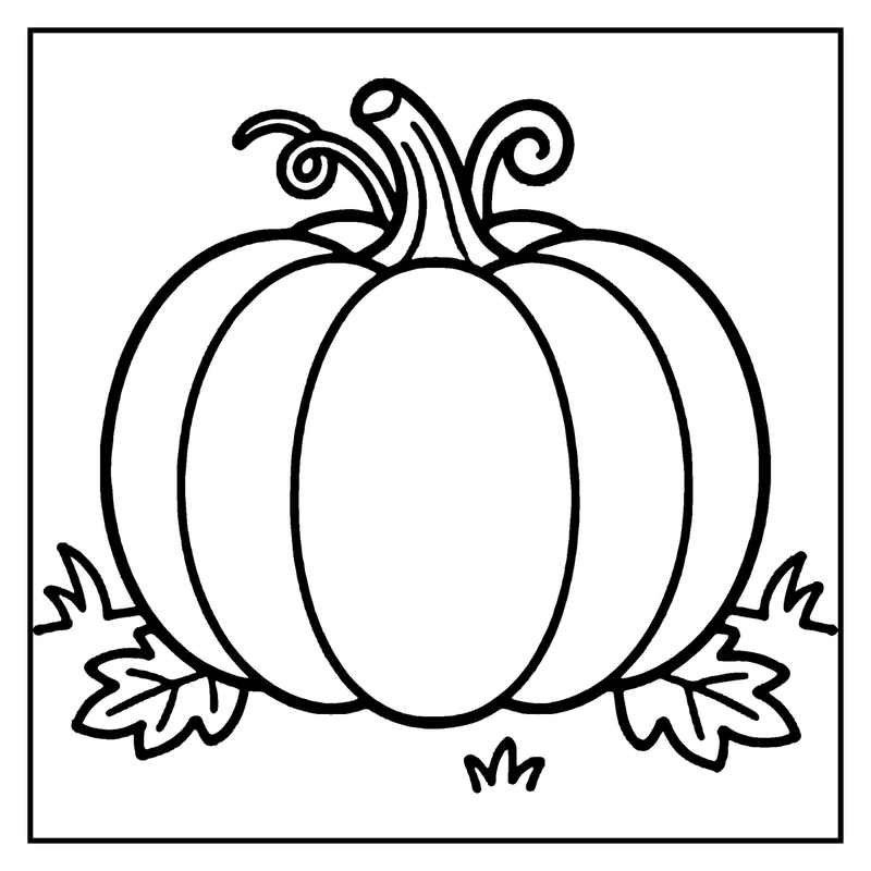 A black and white line drawing of a pumpkin with a curly stem and leaves, a fall coloring page