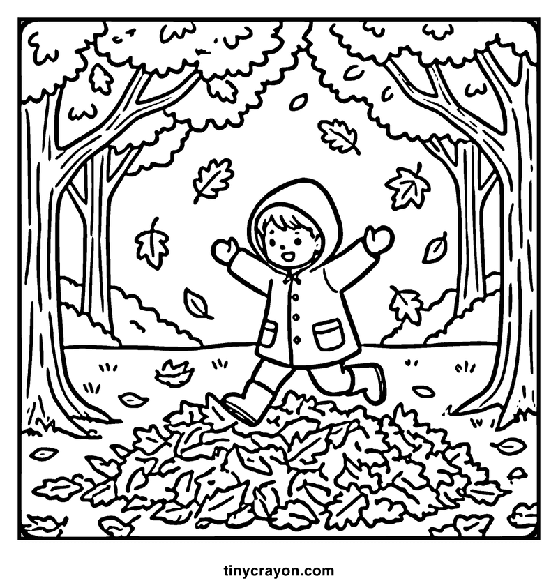 A child is jumping in a pile of autumn leaves in a forest, a fall coloring page