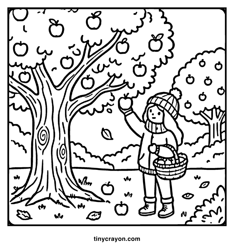 A child picking apples from a tree in an autumn setting, a fall coloring page