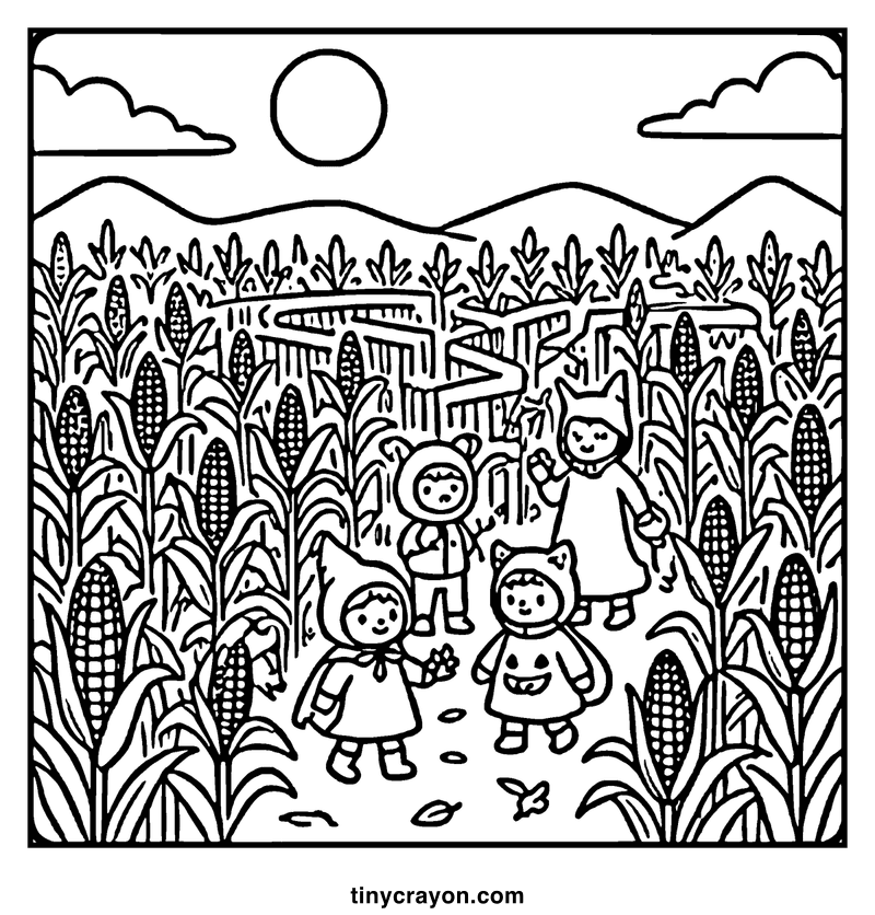 Children in costumes are playing in a cornfield with mountains in the background, a fall coloring page