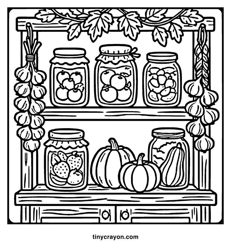 Shelf with jars of apples, pumpkins, and other fruits, decorated with autumn leaves and garlic, a fall coloring page