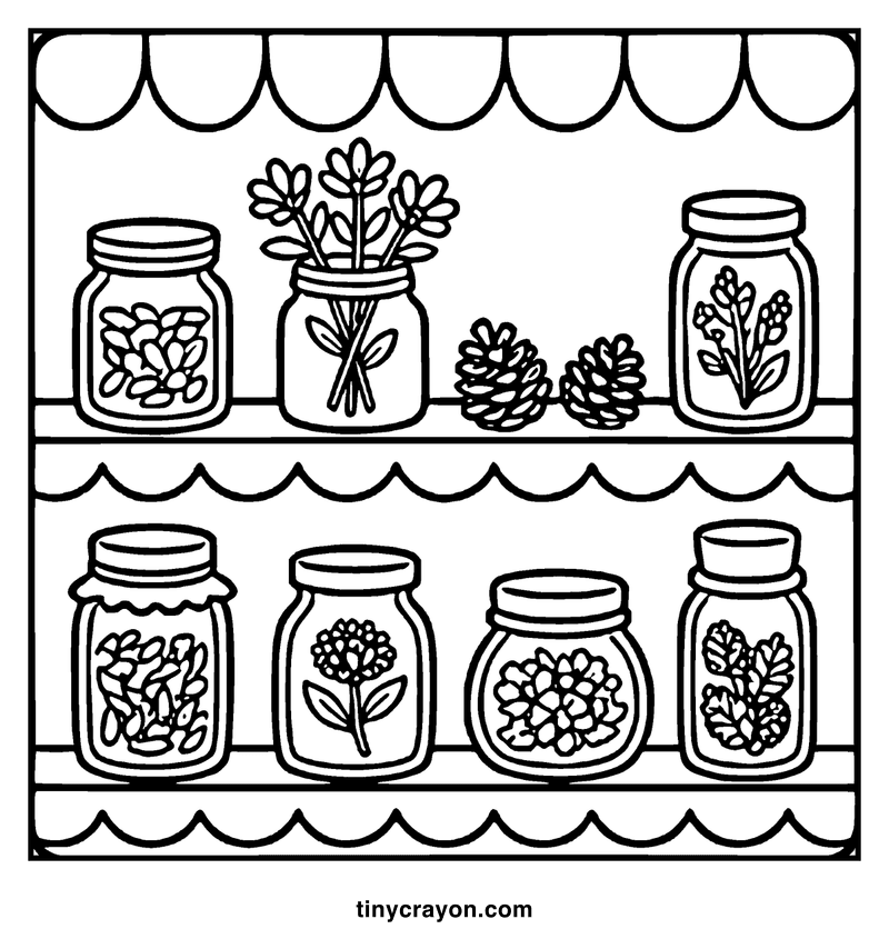 Jars filled with various seeds and plants, arranged on two shelves with a decorative canopy above, a fall coloring page