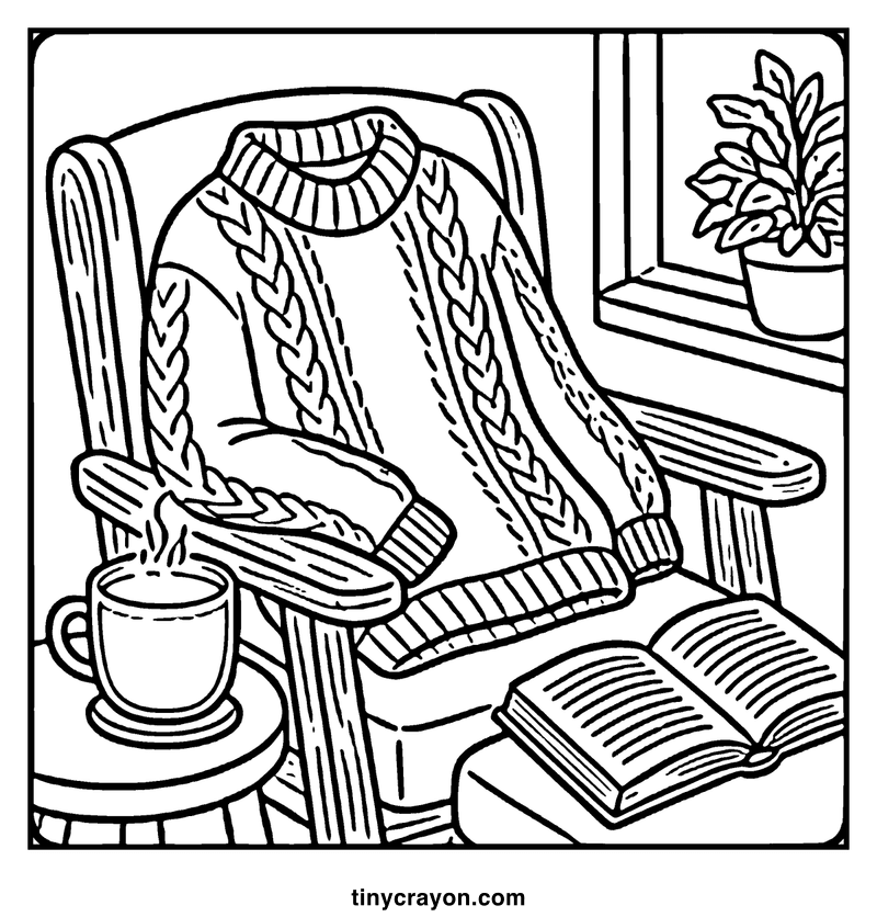 A cozy armchair with a warm sweater, a steaming cup of tea, and an open book, a fall coloring page