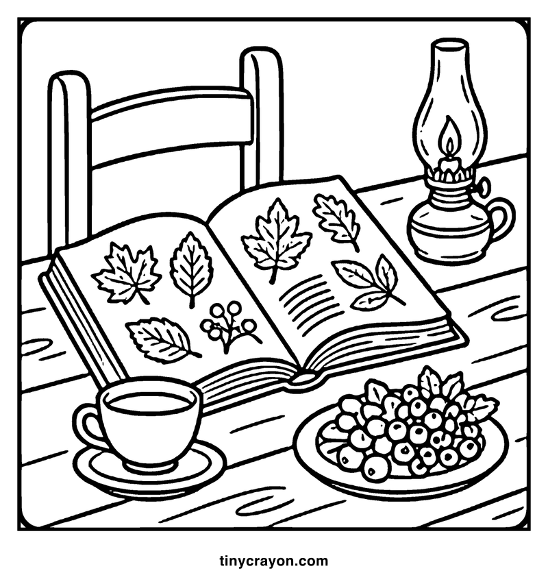 A cozy autumn scene with a book, tea, fruit, and a lantern on a wooden table, a fall coloring page
