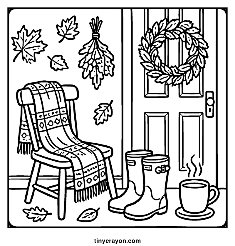 A cozy autumn scene with a chair, boots, leaves, and a wreath, a fall coloring page