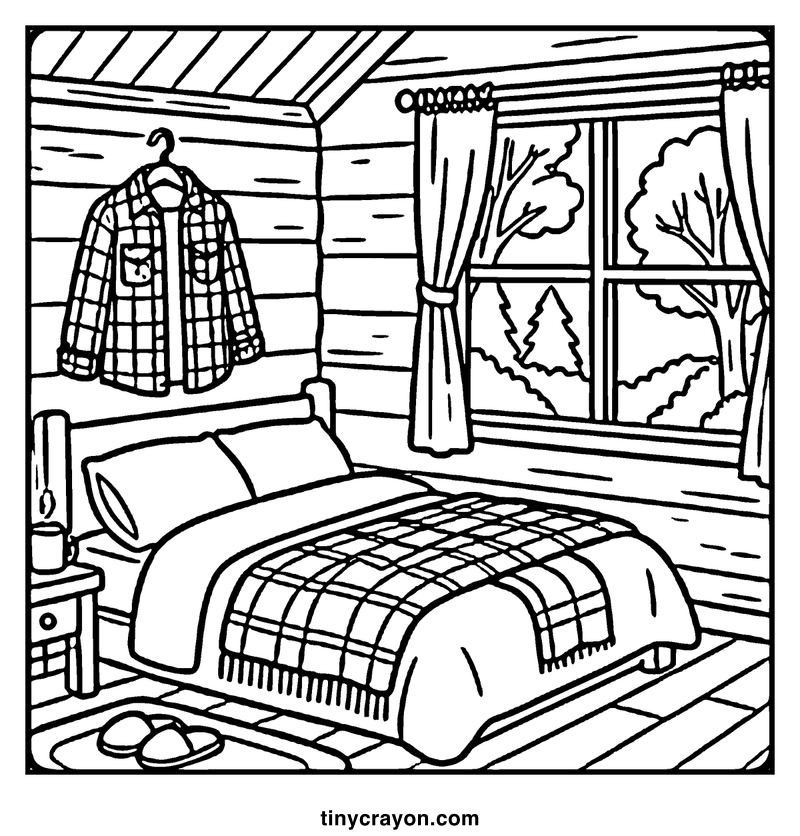 A cozy bedroom with a plaid shirt hanging, a bed with a blanket, and a window showing trees, a fall coloring page