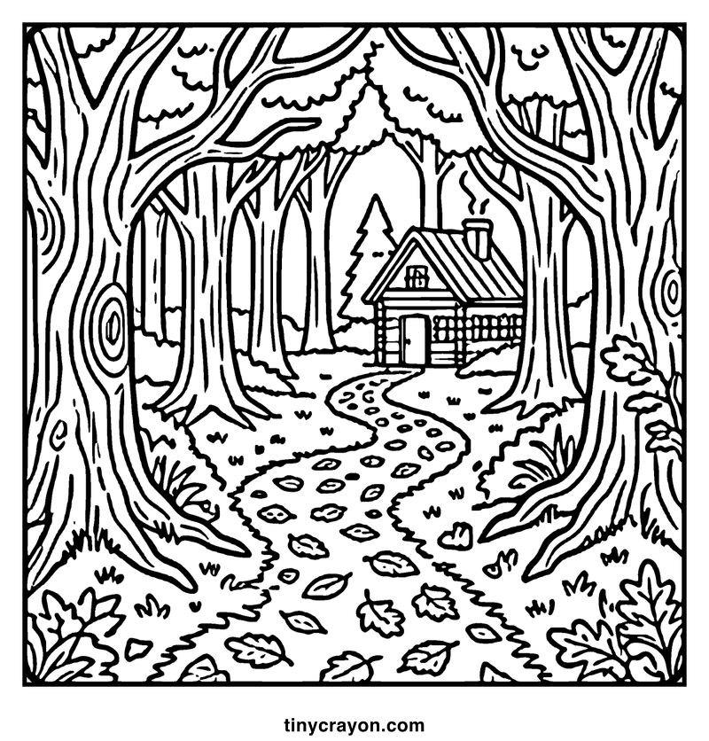 A cozy cabin sits nestled in a dense forest, surrounded by tall trees and a winding path covered in fallen leaves, a fall coloring page