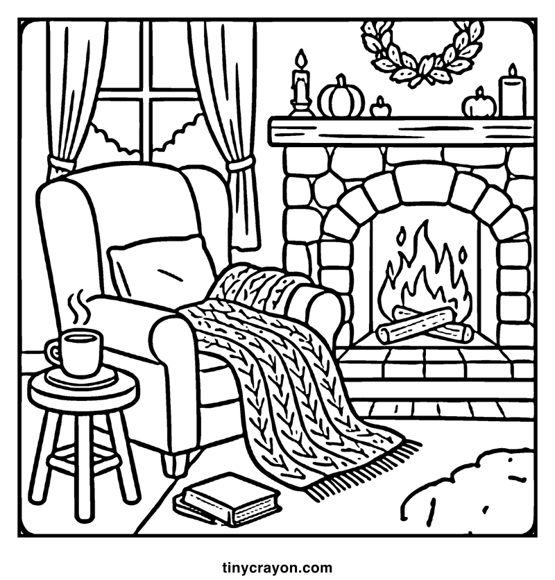 A cozy living room with a fireplace, a chair, a cup of coffee, a book, and a blanket, a fall coloring page