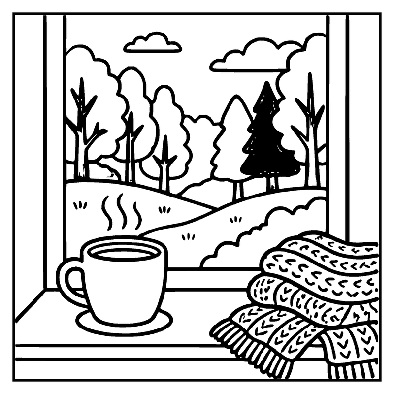 A cup of steaming hot coffee sits on a table, with a cozy scarf beside it, and a window showing a serene forest view, a fall coloring page
