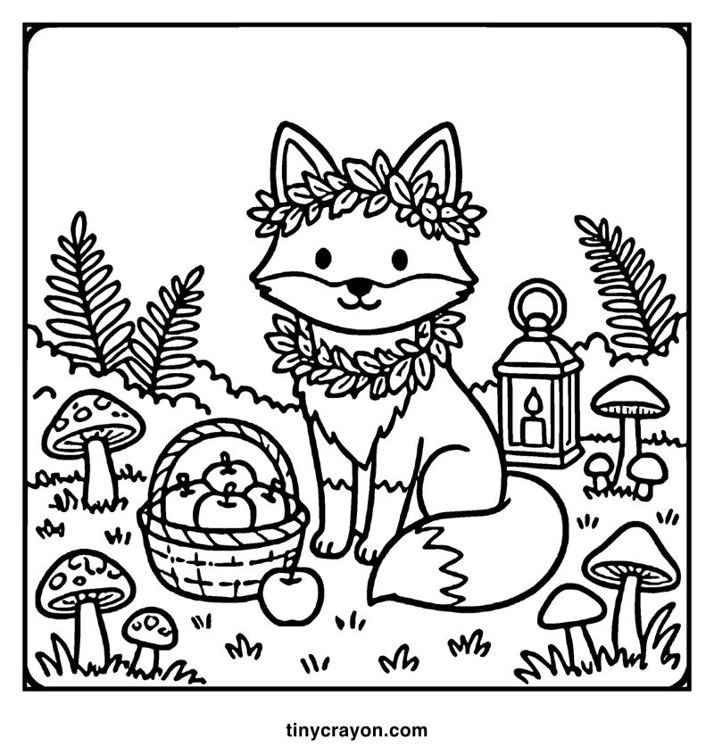 A cute fox sits in a forest, surrounded by mushrooms and apples, wearing a flower crown, a fall coloring page