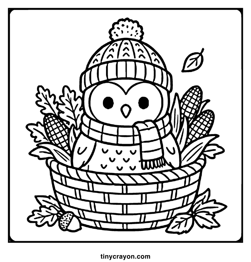 A cute owl wearing a hat and scarf sits in a basket, surrounded by autumn leaves and corn, a fall coloring page