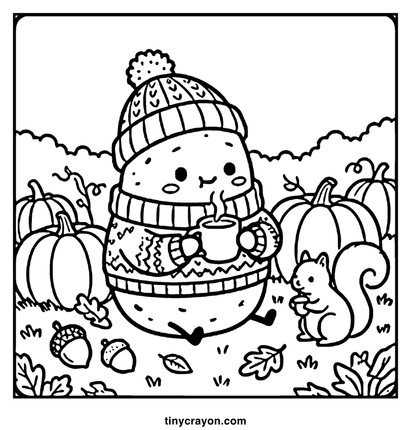 A cute snowman wearing a striped hat and scarf is holding a steaming cup, surrounded by pumpkins, acorns, and a squirrel, a fall coloring page