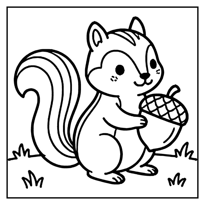 A cute squirrel holding an acorn, standing on grass, a fall coloring page