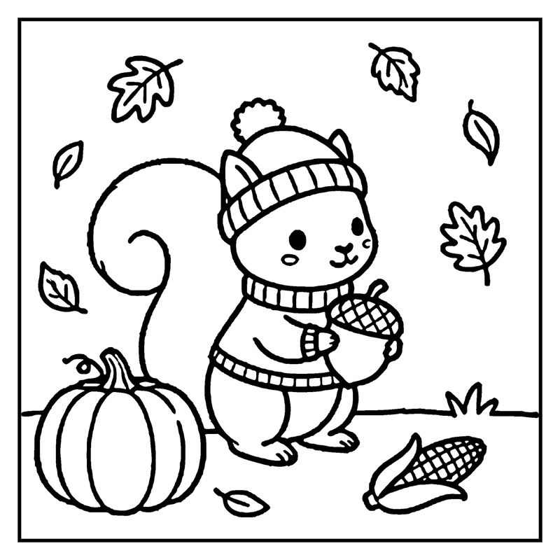 A cute squirrel wearing a hat and sweater is holding an acorn, surrounded by falling leaves, a pumpkin, and a corn cob