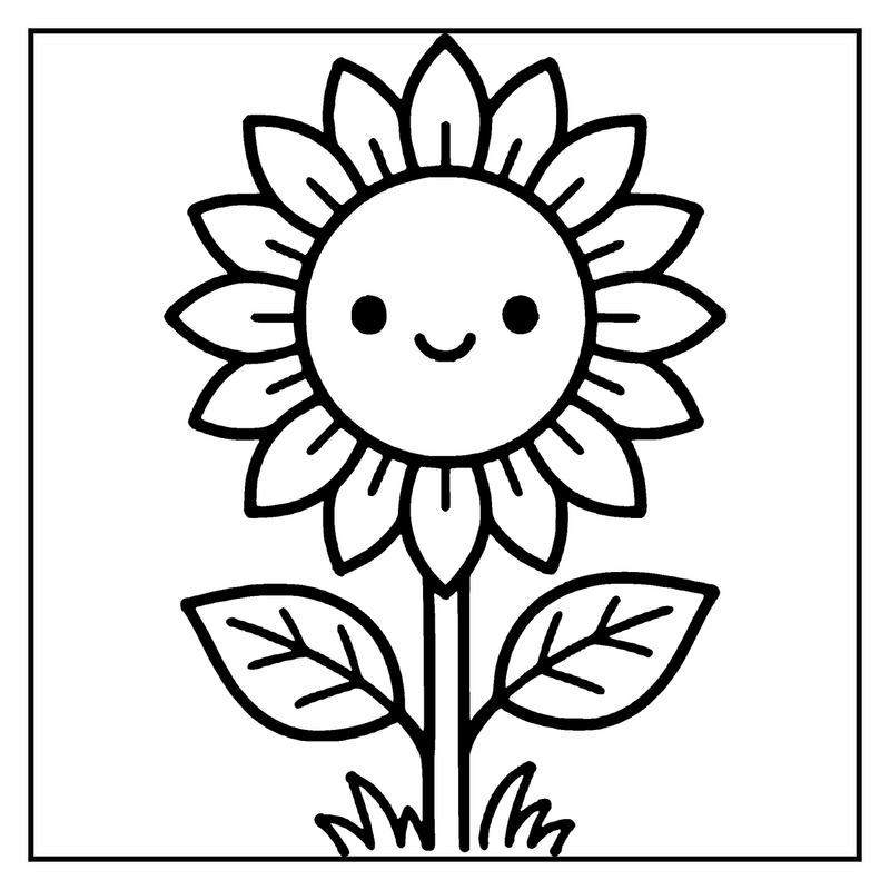 A cute sunflower with a smiling face, happy eyes, and a cheerful expression, a fall coloring page