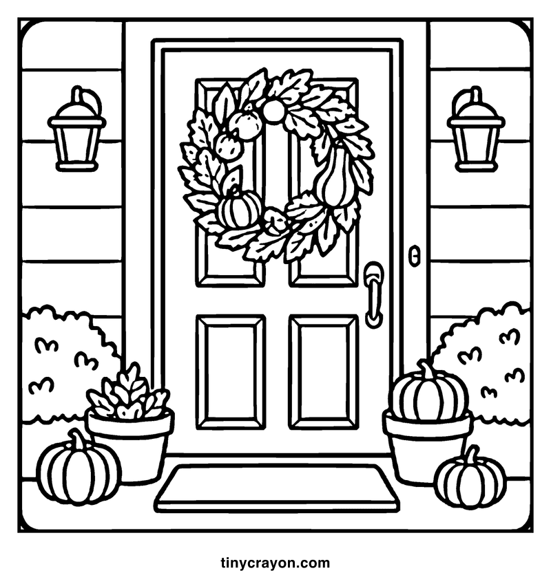 A door with a wreath, pumpkins, and lanterns, set in a fall-themed scene, a fall coloring page