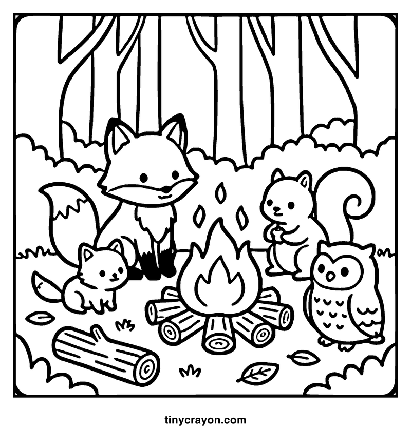 A fox, a chipmunk, and an owl gather around a campfire in a forest, a fall coloring page