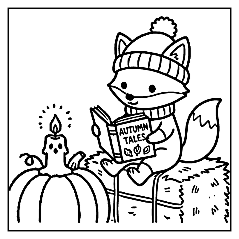 A fox wearing a cozy hat and scarf is reading "Autumn Tales" by candlelight, sitting on a hay bale with a pumpkin nearby, a fall coloring page