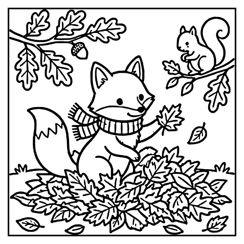 A fox wearing a scarf is surrounded by autumn leaves, holding a leaf, and a squirrel is in the background, a fall coloring page