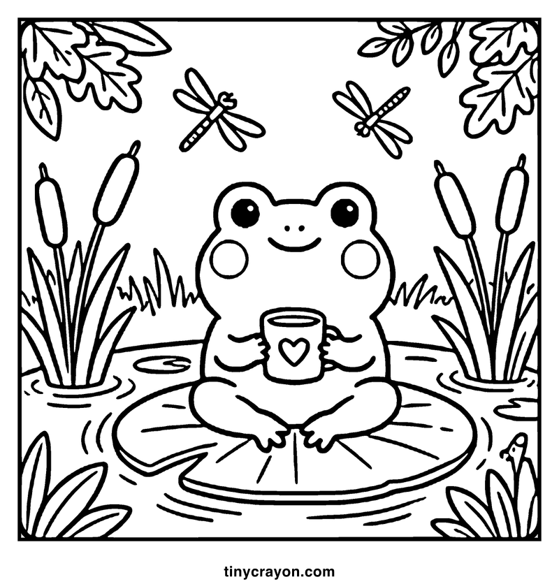 A frog sits on a lily pad, holding a mug with a heart, surrounded by dragonflies and cattails, a fall coloring page