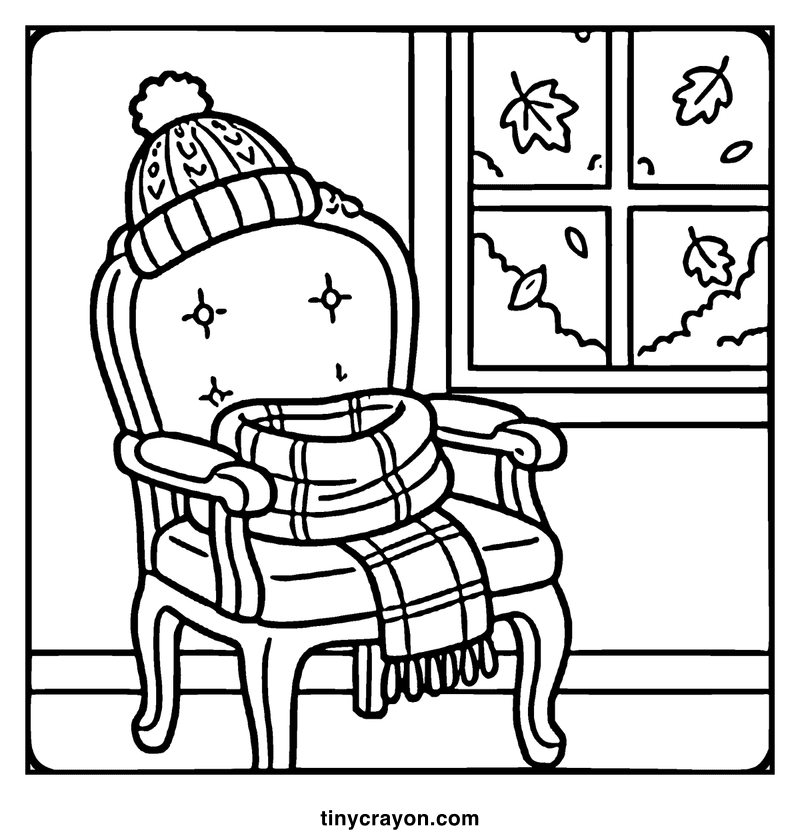 A gingerbread man sits cozily in a chair, bundled up in a hat, scarf, and blanket, looking out a window with falling leaves, a fall coloring page