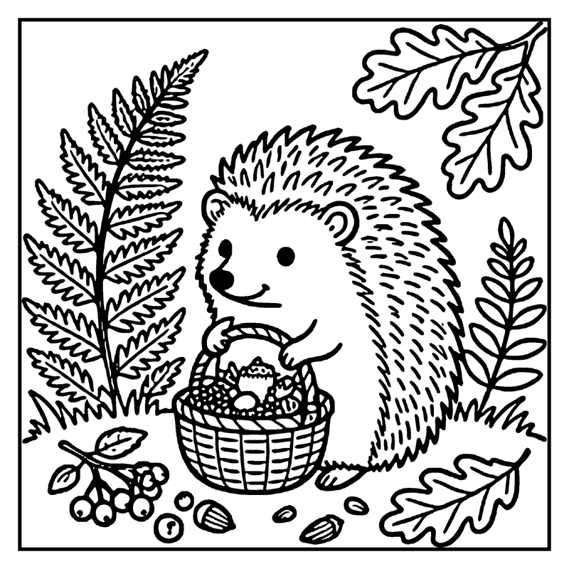 A hedgehog holding a basket of acorns, surrounded by leaves and plants, a fall coloring page