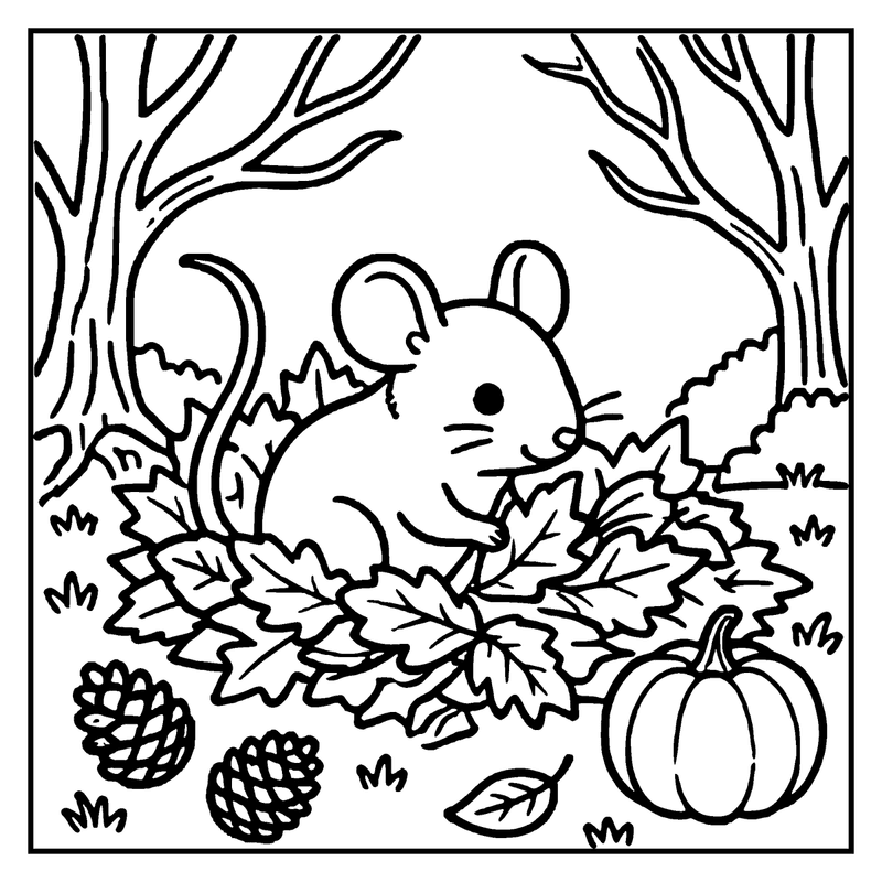A mouse sits among autumn leaves, pinecones, and a pumpkin in a forest setting, a fall coloring page