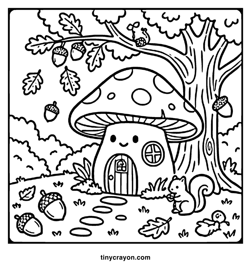 A mushroom house with a smiling face, surrounded by autumn leaves and acorns, a fall coloring page