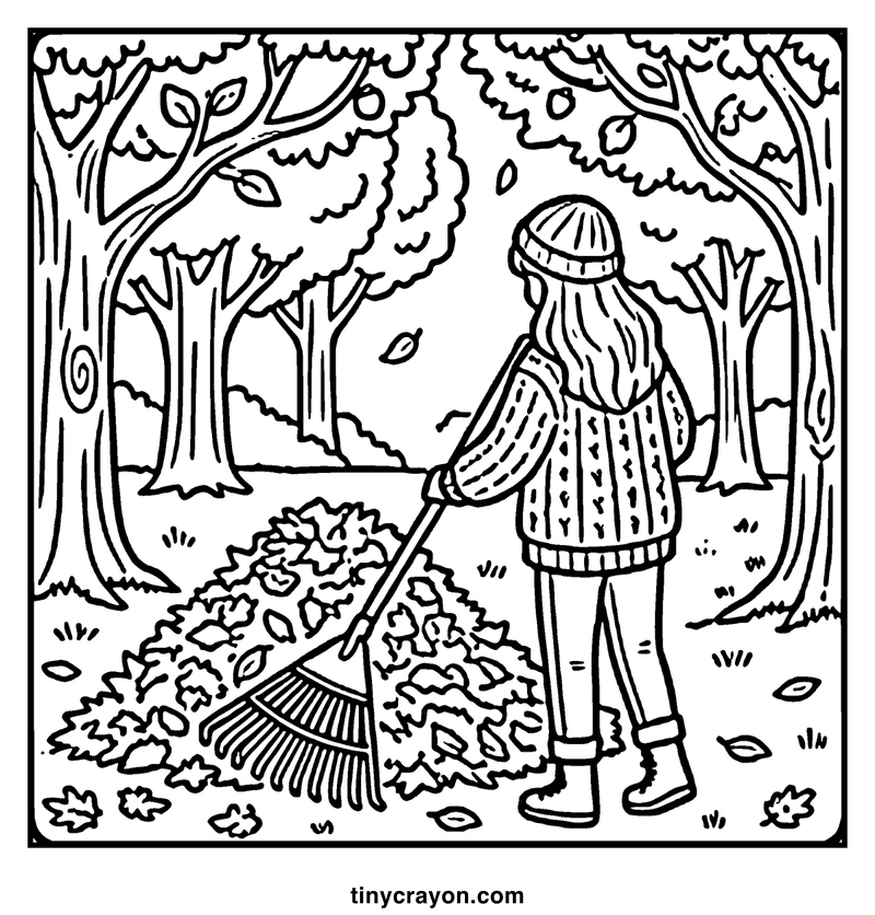 A person raking leaves in a forest with trees and fallen leaves around, a fall coloring page