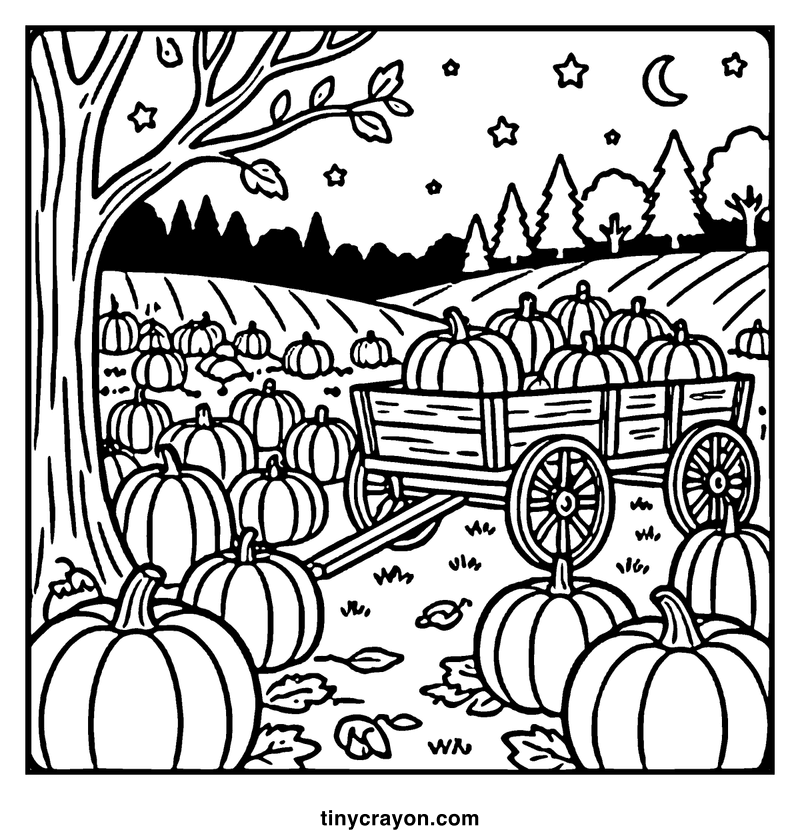 Pumpkin patch with wagon full of pumpkins, night sky with stars and moon, tree with falling leaves, a fall coloring page
