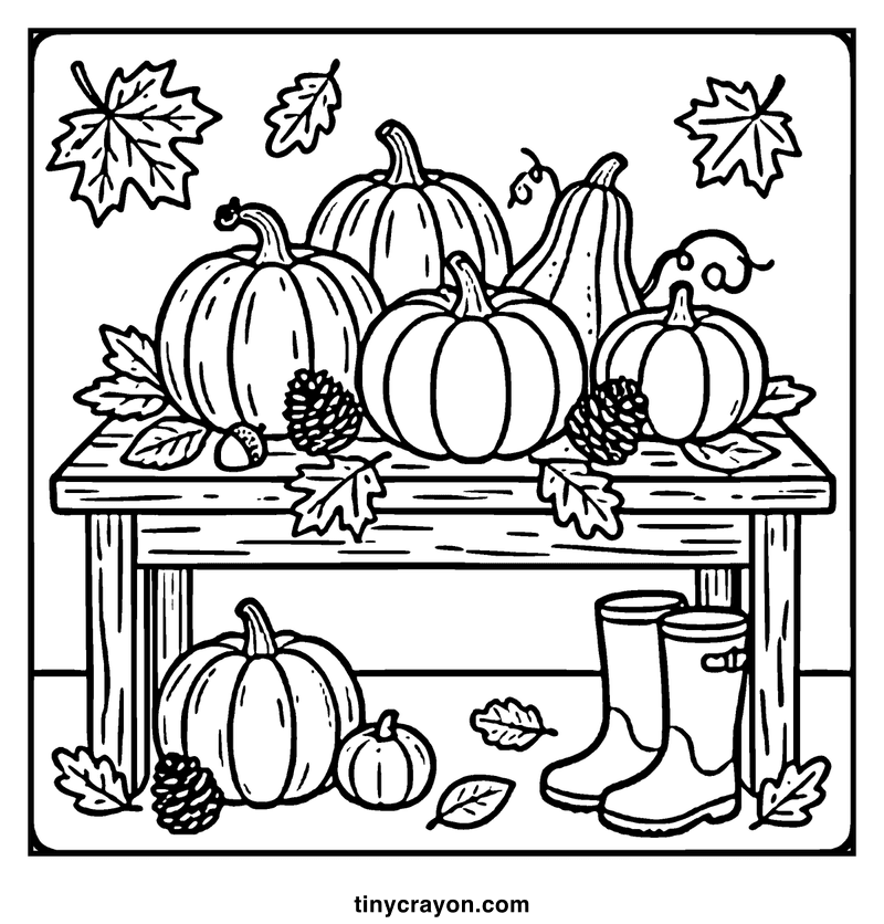 Pumpkins and gourds on a wooden table with fall leaves and boots, a fall coloring page