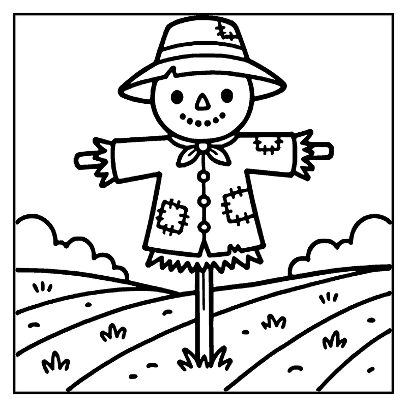 A scarecrow stands in a field, wearing a hat, a jacket, and a scarf, with arms outstretched, a fall coloring page
