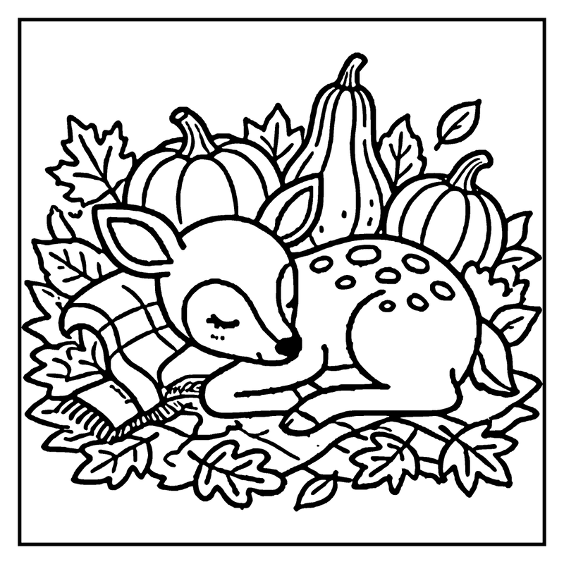 A sleeping deer in a cozy autumn setting, surrounded by pumpkins, leaves, and a cozy blanket, a fall coloring page