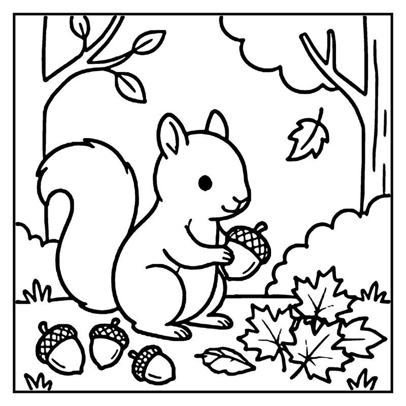 A squirrel holding an acorn in its paws, surrounded by fallen leaves and acorns on the ground