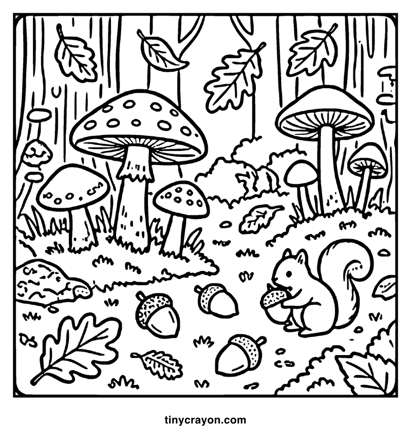 A squirrel is eating a nut in a forest with mushrooms, leaves, and acorns, a fall coloring page