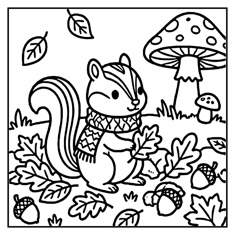 A squirrel wearing a scarf is surrounded by autumn leaves, acorns, and a large mushroom, a fall coloring page