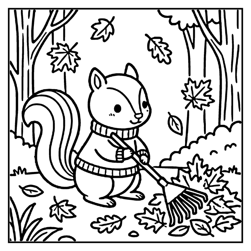 A squirrel wearing a sweater and holding a rake is raking leaves in a forest setting, a fall coloring page