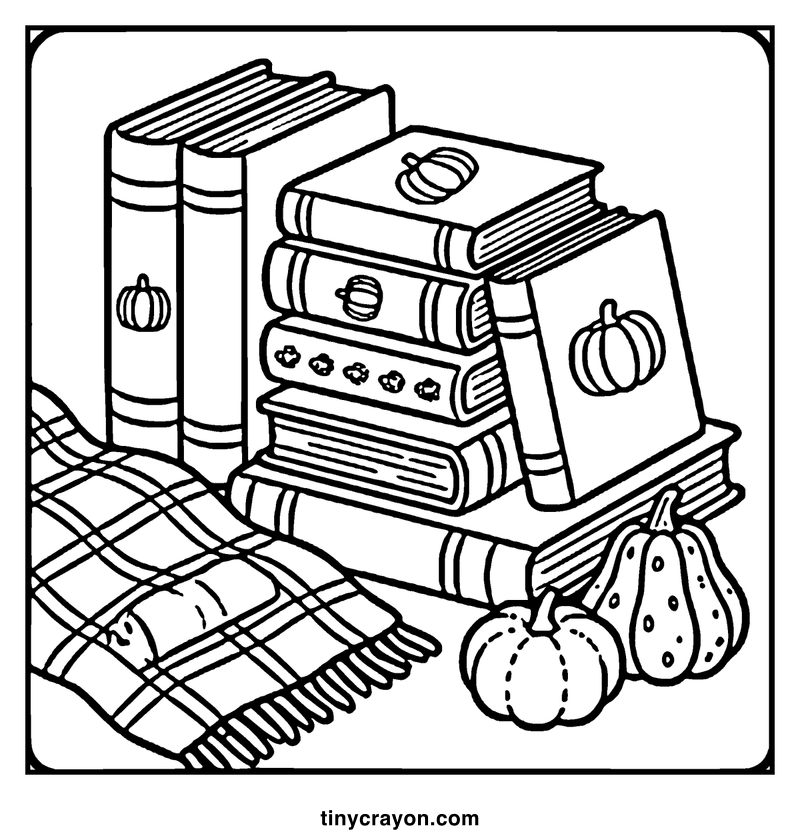 A stack of books with pumpkins and a plaid blanket on a table, a fall coloring page