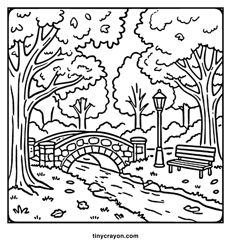 A stone bridge crosses a stream in a park, surrounded by trees and a bench, a fall coloring page