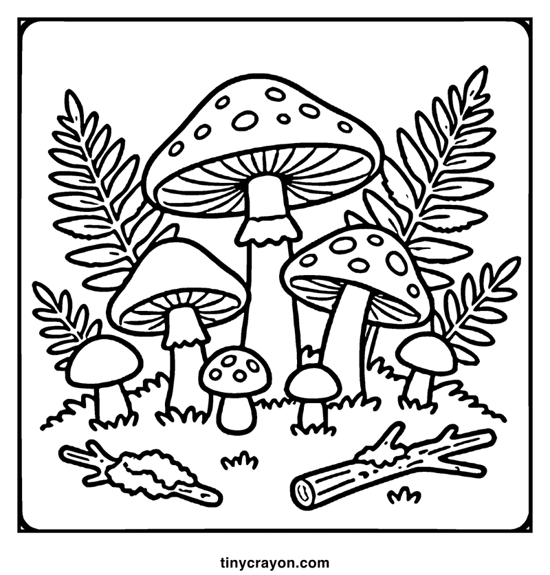 Group of mushrooms in a forest setting, surrounded by ferns and a fallen log, a fall coloring page