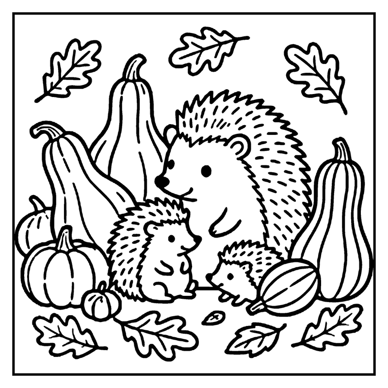 Three hedgehogs are surrounded by pumpkins, gourds, and leaves in a fall setting
