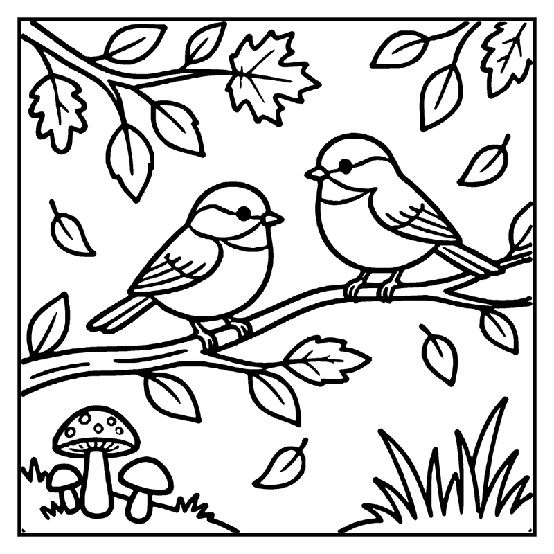 Two birds perched on a branch surrounded by leaves, grass, and a mushroom, a fall coloring page
