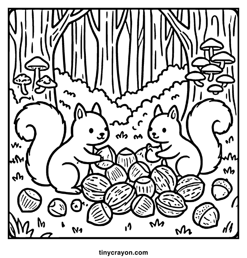 Two squirrels gather nuts in a forest with mushrooms and tall trees, a fall coloring page